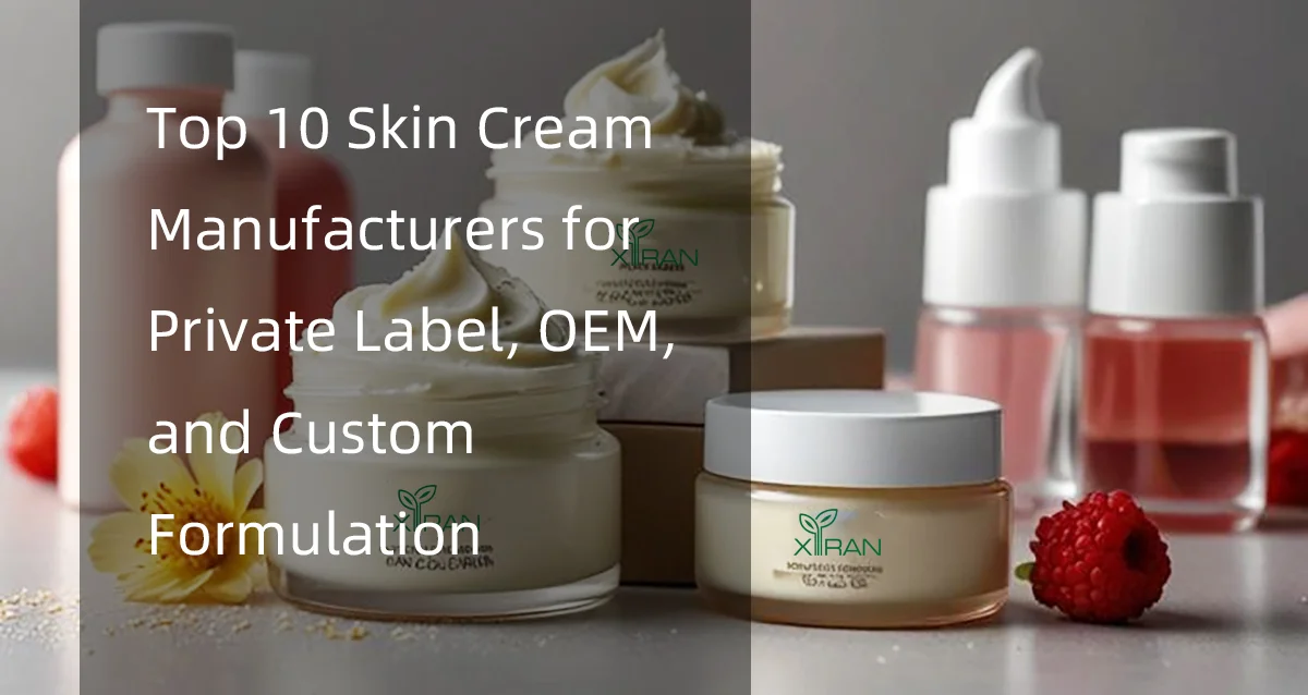 Various skin creams and containers displayed with text about top skin cream manufacturers for private label and custom formulation.